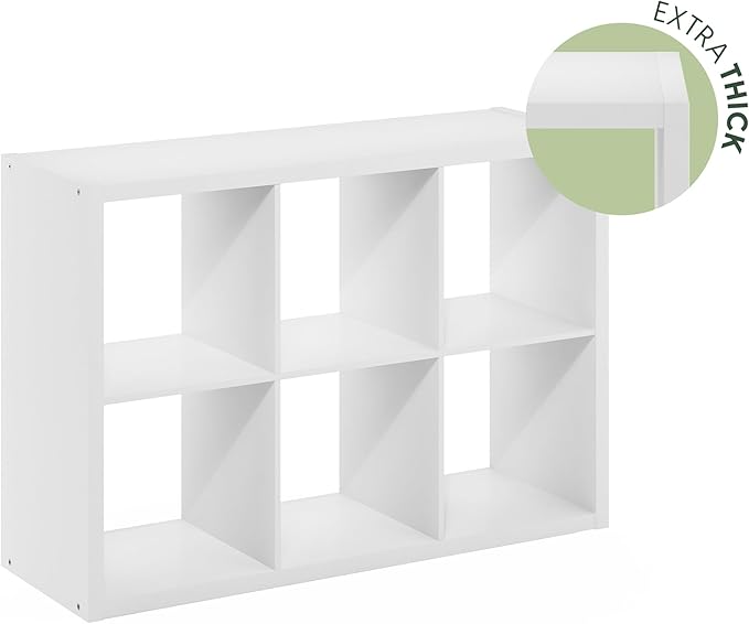 Furinno Cubicle Book Shelf, 6-Cube Bookshelf, Extra Thick Frame Horizontally & Vertically Reversible Bookcase with Open Back, 14.6" x 44" x 30", for Living Room, Bedroom, Home Office, White
