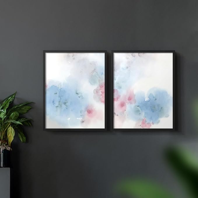 Renditions Gallery Set of 2 Peel & Stick Framed Prints, Watercolor Abstract Wall Art, Cotton Candy Splash Wall Decor, Re-Stickable - Ready to Hang - 8"x10" - Black Frame LT588