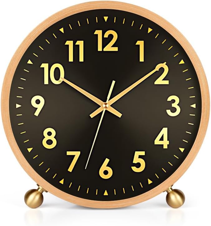Maxspace Wooden Table Clock,8in Silent Non-Ticking Desk Clock with Gold Ball Base,Battery Operated Desktop Analog Clock for Living Room Office Bedroom Decor (Black Gold - Log, Copper Ball Base)
