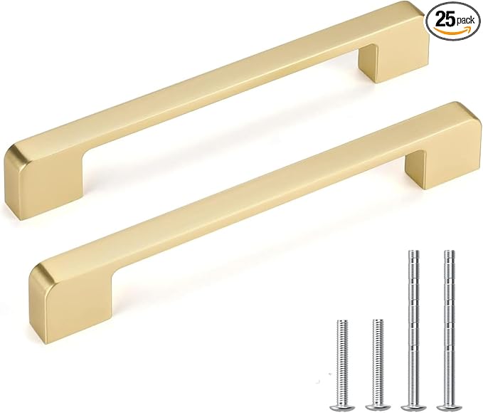 25 Pack 6-5/16 Inch Brushed Gold Cabinet Pulls Solid Zinc Alloy Gold Cabinet Handles - Brushed Brass Dresser Drawer Pulls for Kitchen Cabinet Hardware Zinc Alloy Handles