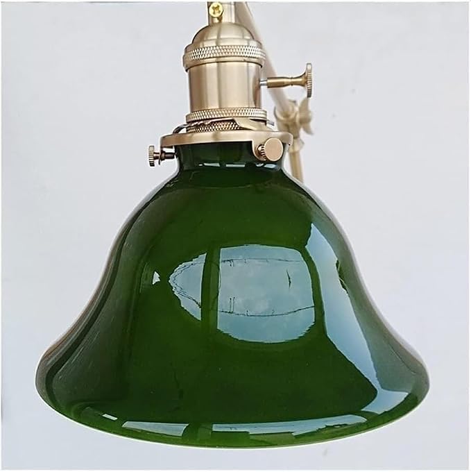 Adjustable Swing Arm Wall Lamp with Green Glass Shade, Brass Finish, Industrial Retro Style, Rotatable Wall Sconce for Bedroom Bedside Reading
