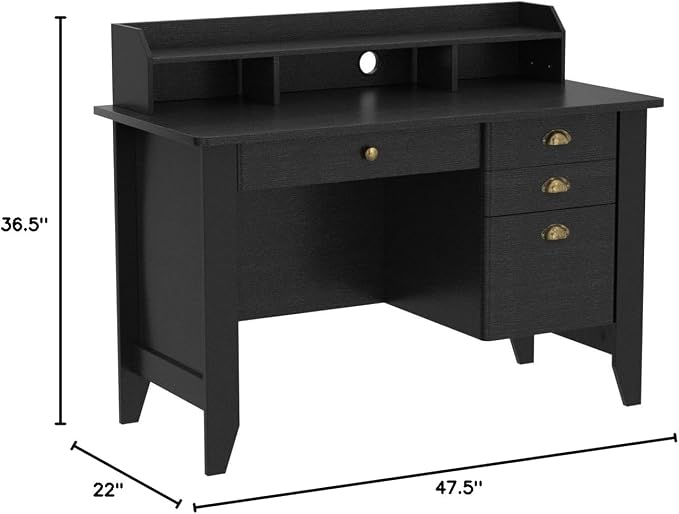 4EVERWINNER Computer Desk with 4 Drawers and Extra Storage Hutch, Wooden Grain Vintage Executive Desk Modern Style Work Office Desk for Bedrooms Laptop Study Writing Table for Small Spaces, Black