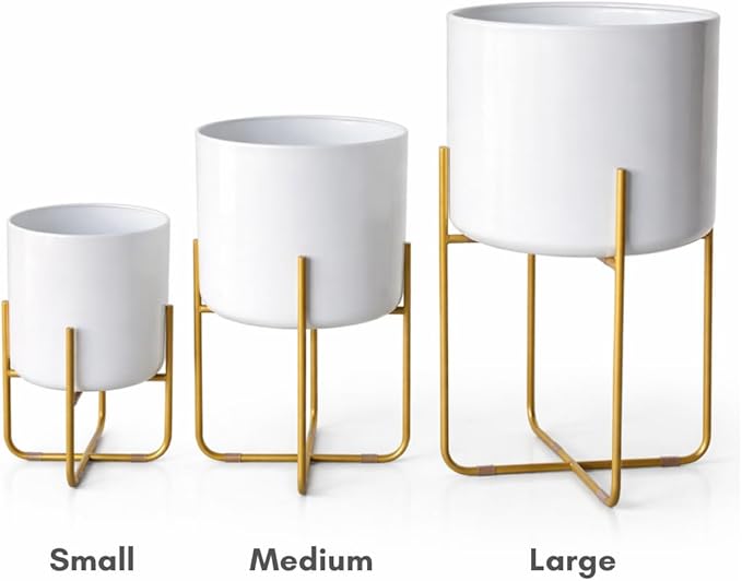 Kirpi Modern Planter Pots, Set of 2 Round White Planters with Gold Stand, Decorative Floor Planters, Metal Pots with Drainage Holes for Living Room, Office, Garden, 7 and 9 Inch Diameter