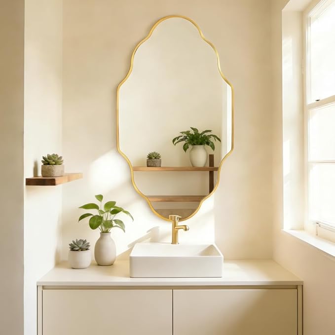 Gold Scalloped Bathroom Mirror, Irregular Wall Mirror with Brushed Metal Frame, HD Glass Decorative Mirror for Wall Decor, Vanity Mirror for Bathroom, Bedroom & Entryway (24" x 36", 2 Pack)