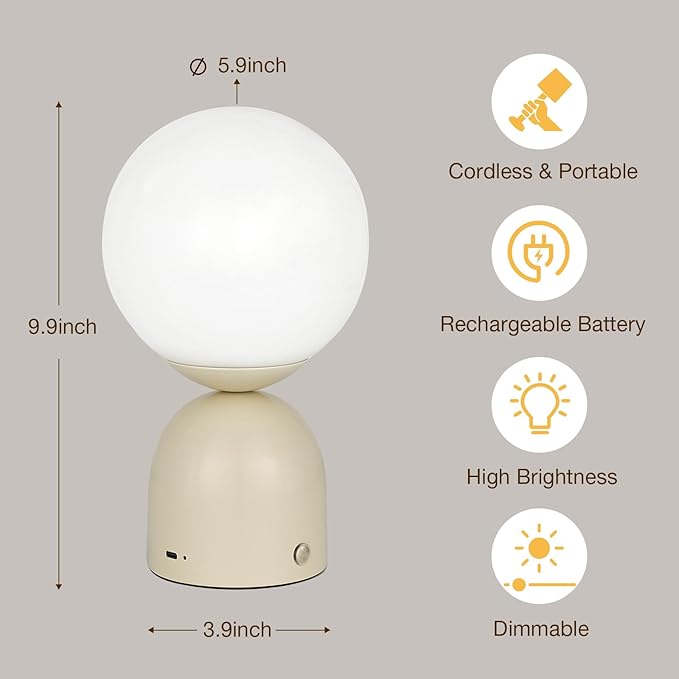 Cordless Globe Glass Table lamp Beige, 5200-mAh Rechargeable Orb Lamp, 3-Level Brightness Dimmable, Integrated LED 320 Lumen Max, for Bedside Nightstand Light