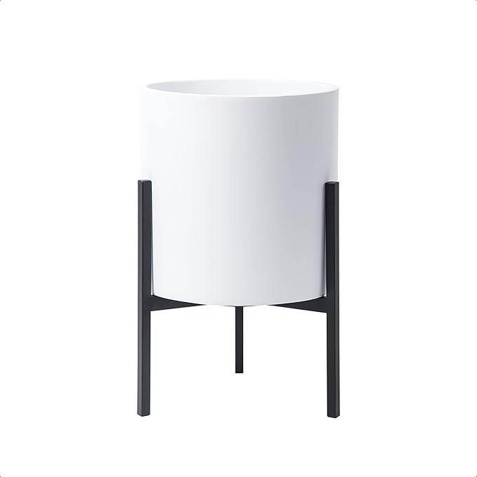 D'vine Dev Mid Century Fiberglass Resin Planter Pot with Iron Stand, 8 inch, Matte White, 96-A-1-S