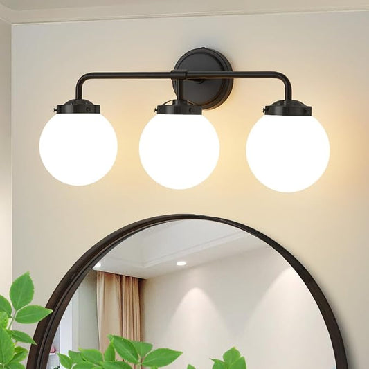 Black Bathroom Light Fixtures Over Mirror, 22.4'' 3-Light Modern Vanity Lighting with Milk White Glass Globe Shade Wall Sconce