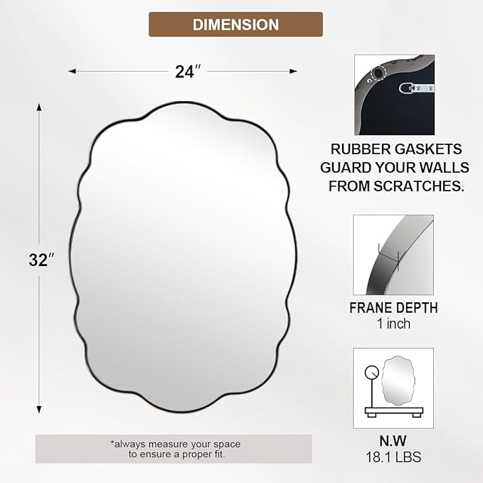 ANDY STAR Chrome Wavy Scalloped Mirror - 24x32 Inch Modern Oval Bathroom Mirror, Unique Irregular Wall Mirror with Heavy Duty SUS Metal Frame