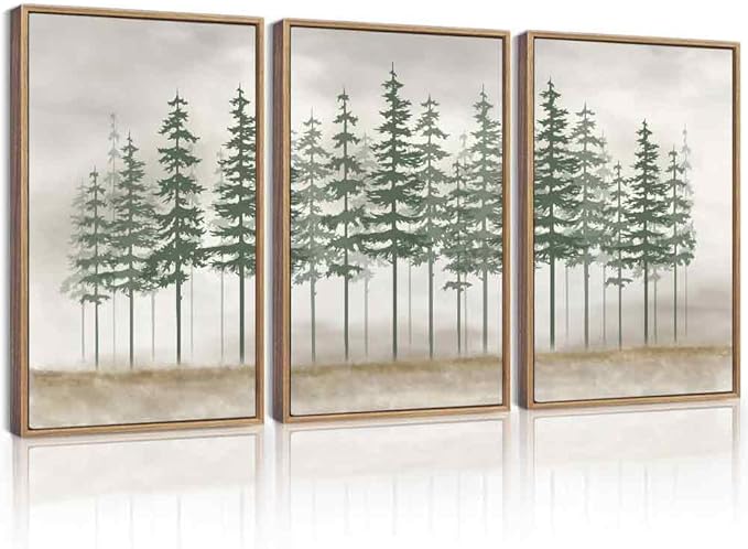 KUVIOKE Green Foggy Misty Pine Tree Framed Canvas Wall Art Watercolor Nature Abstract Forest Wall Decor Rustic Minimalist Painting for Bedroom Dining Room 16x24in (Natural Framed)