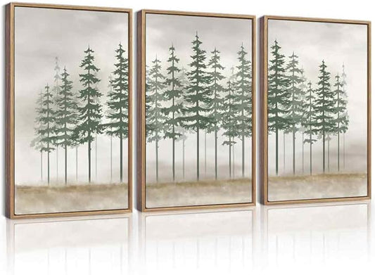 KUVIOKE Green Foggy Misty Pine Tree Framed Canvas Wall Art Watercolor Nature Abstract Forest Wall Decor Rustic Minimalist Painting for Bedroom Dining Room 16x24in (Natural Framed)