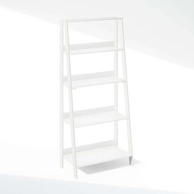 Furinno Ladder Display Shelf, 5-Tier Ladder Shelf, Standing Bookshelf, Display Storage Shelves, 13 x 23.6 x 53.5, for Living Room, Home Office, White