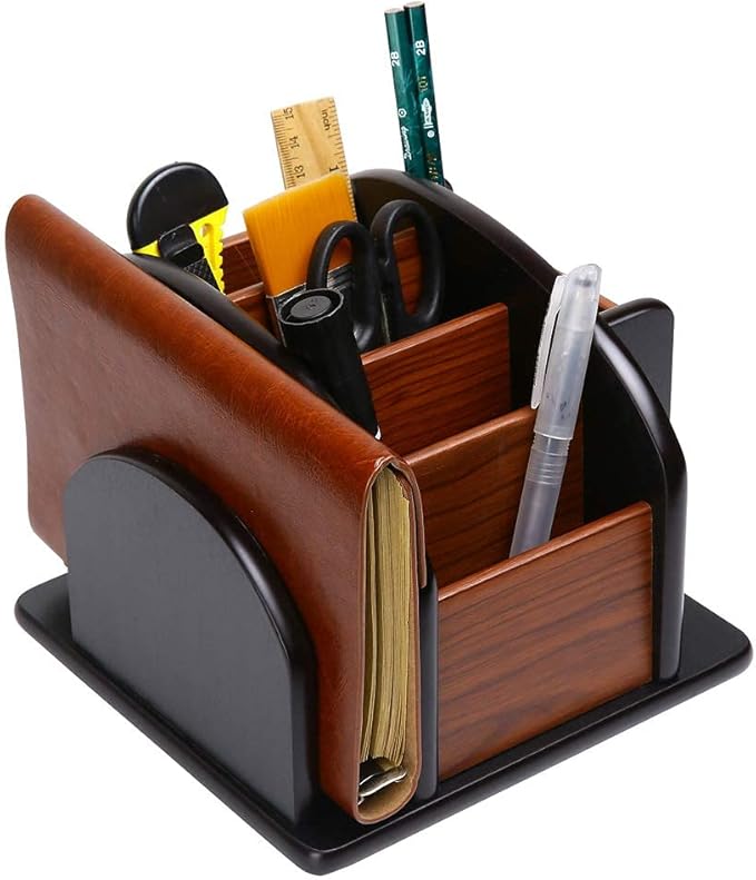 Siveit Wooden Desk Organizer, Desktop Office Supplies Storage Remote Control Caddy Holder (6-Compartment)