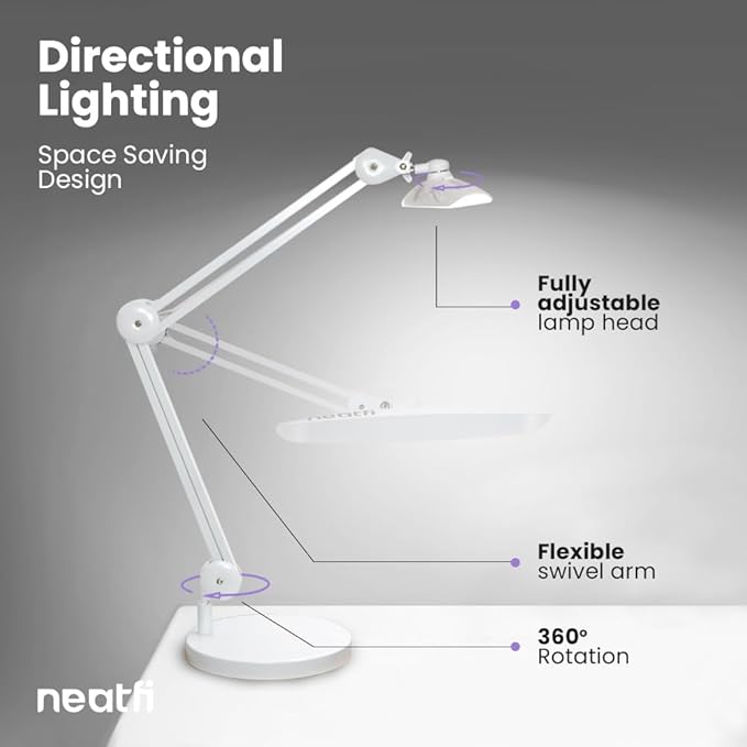 Neatfi XL Nail Desk Lamp with Clamp, 2200 Lumens, 20-Inch Wide Head, Dimmable 4 Levels, 6500K, LED Task Light for Manicure Table, Crafts, Workbench, Office (Non-CCT with Base, White)