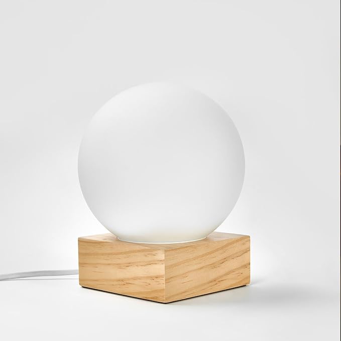 FLORNIA Globe Ball Lamp Modern Industrial Table Lamp, Unique Bedside Nightstand Desk Lamp with Glass Shade and Solid Wood Base for Bedroom, Living Room, Decoration (Include Bulb G45)