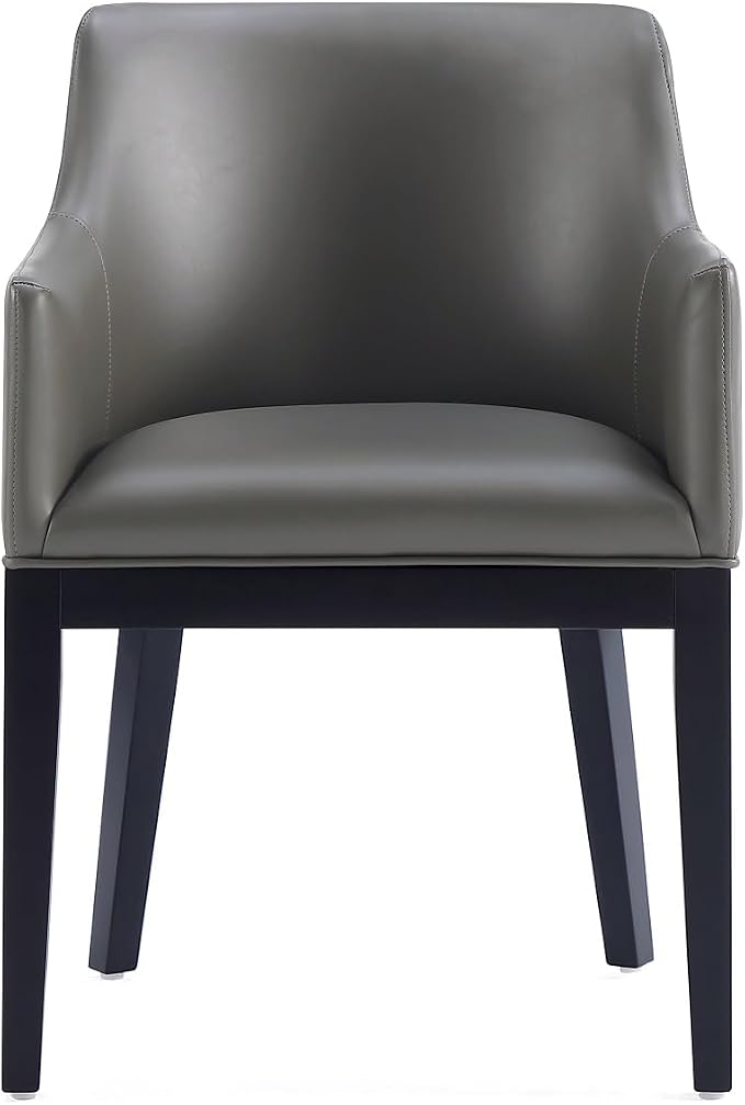 Manhattan Comfort Gansevoort Modern Faux Leather Dining Chair with Arms, Leatherette Upholstery on Solid Beech Wood Frame, Accent Furniture for Kitchen Table or Office, Set of 1, Pebble Grey
