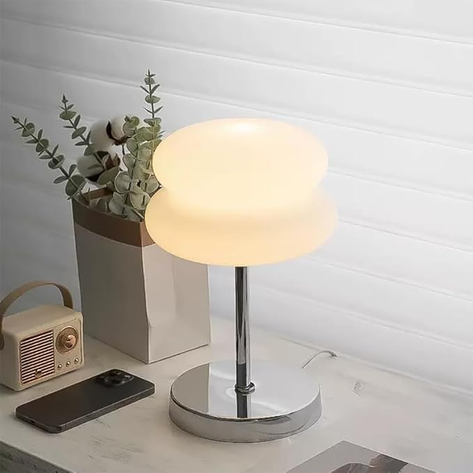 Meefad Mid Century Modern Glass Table Lamp, Mushroom Lamp for Bedroom, Cute Table Lamps, Elegant Night Light for Living Room in White