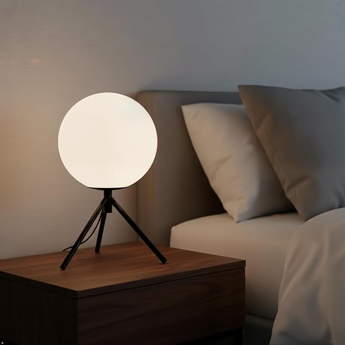 Modern Black Globe Table Lamp, Mid Century Small Bedside Lamp, Opal Glass Ball Lamp with Metal Tripod Base, Cute Nightstand Lamp Minimalist Desk Lamp for Bedrooom Living Room Office Study