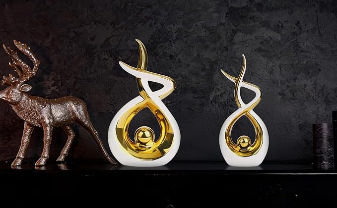 Querro Modern Abstract Ceramic Statue - Elegant White & Gold Decor for Home Living Room, Dining Table Centerpiece & Office Shelf | Luxury Aesthetic Sculpture(Small)