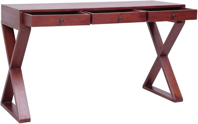 Solid Mahogany Wood Computer Desk with 3 Drawers, 45.3-inch Mid-Century Writing Table for Home Office, Bedroom, Study Desk with Cross-Legged Frame, Brown