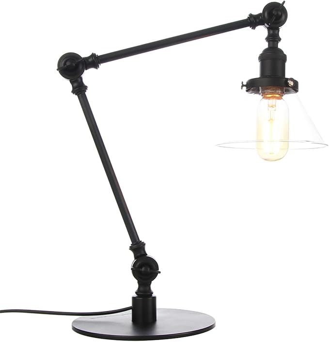 Table Lamp, Adjustable Swing Arm Metal Desk Lamp with Clear Glass Shade, Vintage E26 Reading Light for Bedroom or Bedside