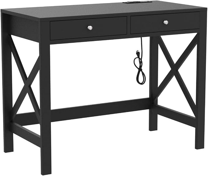 ChooChoo Computer Desk with USB Charging Ports and Power Outlets, Modern Simple 40 Inches Desk with Drawers, Makeup Vanity Console Table, Black