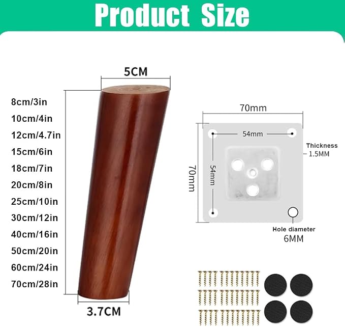 Set of 4 Walnut Wood Furniture Legs, 6 Inch Round Tapered Replacement Sofa Feet, Mid Century Style for Coffee Table, Durable Support, Easy Installation Wood 70cm/28in