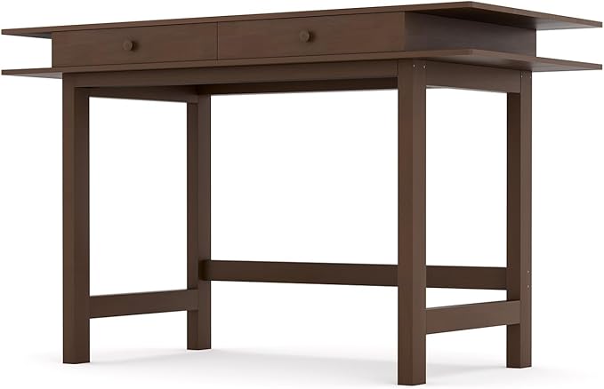 Double-Top Solid Wood Desk - 48-Inch Mid-Century Modern Writing Table with Drawers for Home Office, Study, and Creation, Rubberwood Computer Desk in Black Walnut