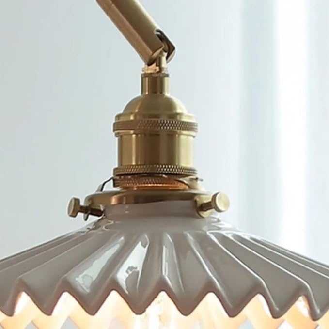Adjustable Swing Arm Wall Lamp - Modern Walnut Base & Brass e, Retro Design with Pull Chain, Perfect for Bedroom & Living Room Lighting (White)