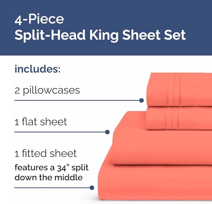 Flex Top Split Head King 4 Piece Sheet Set - Ultra-Soft, Breathable & Cooling Bed Sheets Set - Hotel Luxury Bedding for Women & Men with Deep Pockets - Wrinkle Free & Fade Resistant - Oeko-Tex - Coral