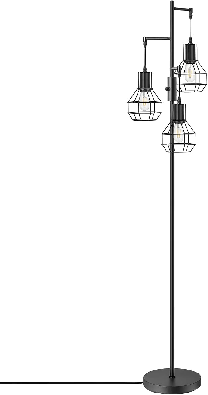 EDISHINE Dimmable Farmhouse Floor Lamp, Industrial Standing Lamp for Living Room, 3 LED Edison Bulbs Included, Black Corner Rustic Tall Tree Reading Lamps Home Decor for Bedroom, Office