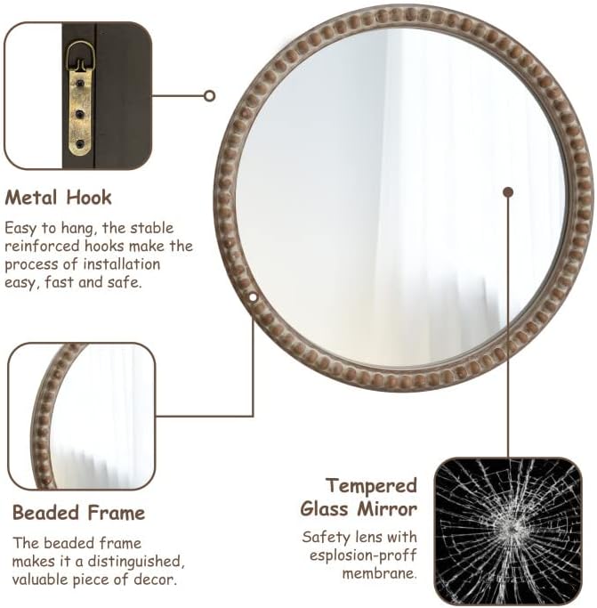 COZAYH Distressed Wood Frame Accent Mirror, Rustic Farmhouse Style Decorative Wall Mirror (Round)