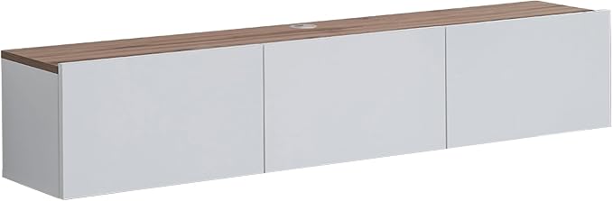 Floating TV Stand Glossy White for 65-80 Inch TV, 63" Wall Mounted TV Stand with Storage, White and Wood Floating Entertainment Center with Cable Management, Floating Media Console for Living Room
