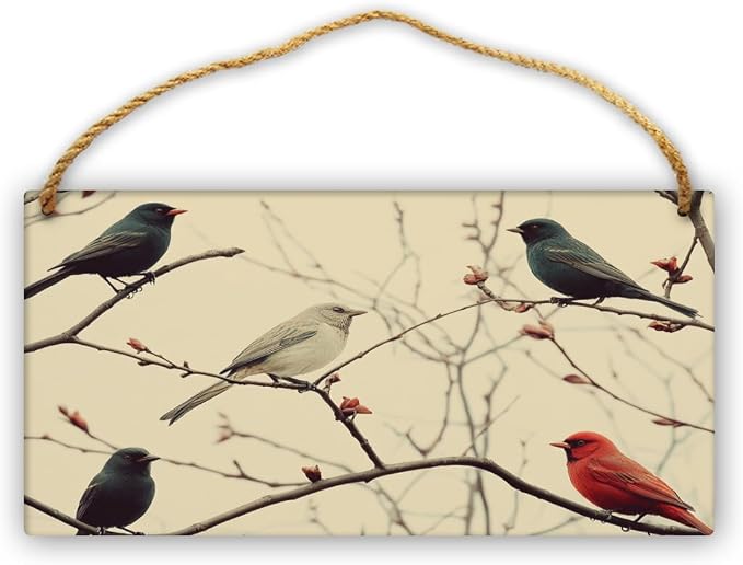 Vintage Bird & Yellow Blossom Wood Print, Whimsical Decors on Wood, 12x6 Inches, Ideal for Bird styles Lovers & Retro Interiors