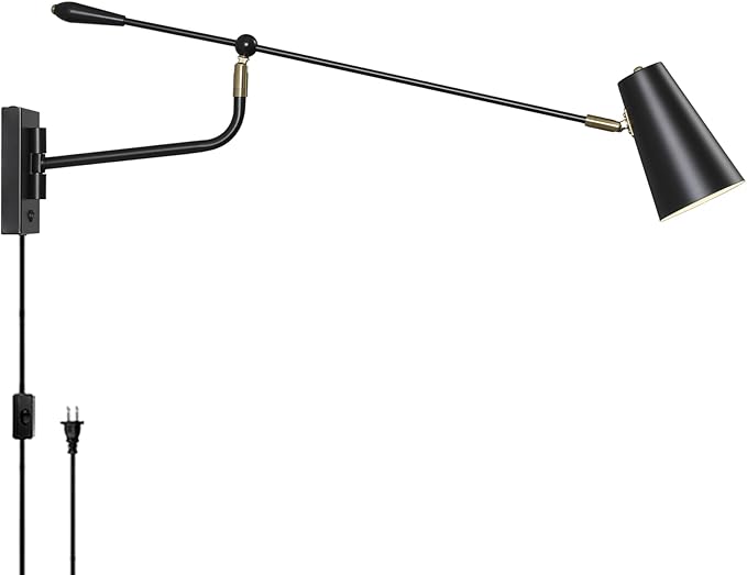 Rotatable Adjustable Direction Swing Arm Wall Sconce, 33" Dual Power Modes Plug-in/Hardwired, Vintage Industrial Black Wall Lamps for Living Room Bedroom Dining, E26 Bulb