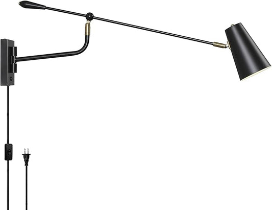Rotatable Adjustable Direction Swing Arm Wall Sconce, 33" Dual Power Modes Plug-in/Hardwired, Vintage Industrial Black Wall Lamps for Living Room Bedroom Dining, E26 Bulb