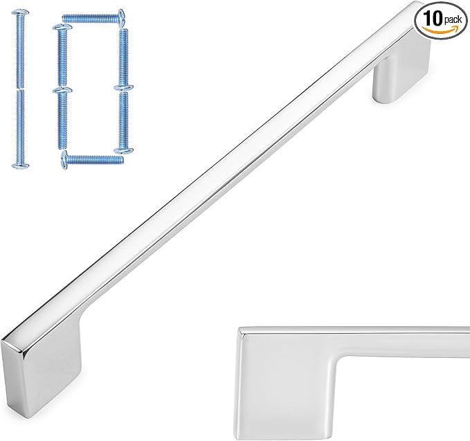 KOOFIZO 10 Pack 6-1/4 Inch Wide Foot Cabinet Bar Pulls - Polished Chrome Modern Solid Handles for Kitchen Cupboard Door, Bedroom Dresser Drawer, Bathroom Wardrobe Hardware