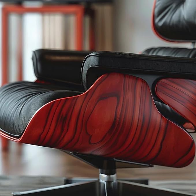 Top Black Grain Leather, Mid Century Chaise Lounge Chair and Ottoman, Modern Chair Classic Design, Red Rosewood, Heavy Duty Base Support for Living Room Study Lounge Office