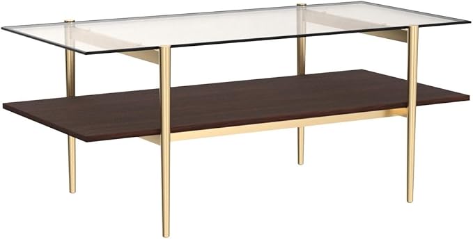 Saint Mossi Tadio Double Layer Glass Coffee Table for Living Room, Brown Glass & Coffee Brown MDF Bottom Shelf | Double Layer, for Living Room, Bottom Shelf