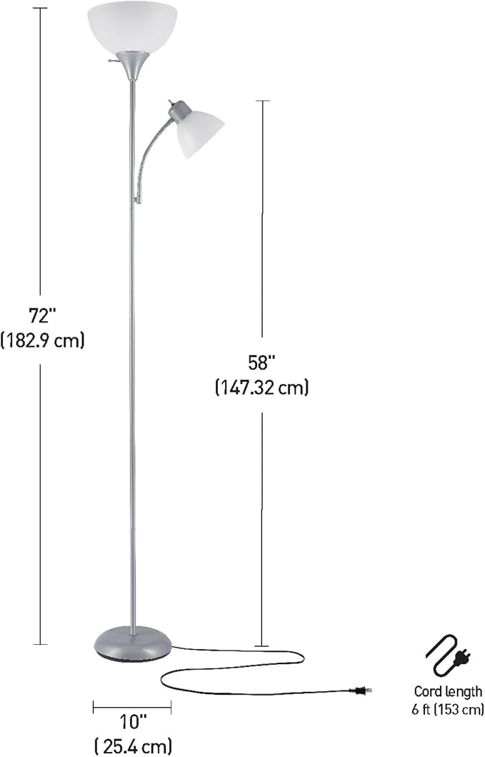 Globe Electric 67134 72" Torchiere Floor Lamp and Adjustable Reading Light, Silver, Frosted Shade, Dual Rotary Switch, 3-Step Dimming, Modern Lighting for Living Room or Office, Timeless