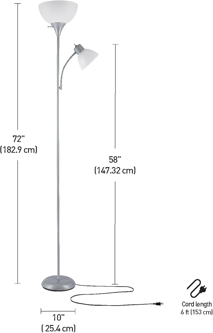 GLOBE Electric 67134 72" Torchiere Floor Lamp and Adjustable Reading Light, Silver, Frosted Shade, Dual Rotary Switch, 3-Step Dimming, Modern Lighting for Living Room or Office, Timeless (Pack of 2)