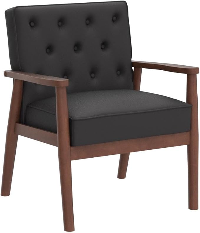 JIASTING Mid-Century Retro Modern Solid Wood Armrest Accent Chair, Faux Leather Tufted Back Upholstered Lounge Chairs, Living Room Furniture (Black 8325)
