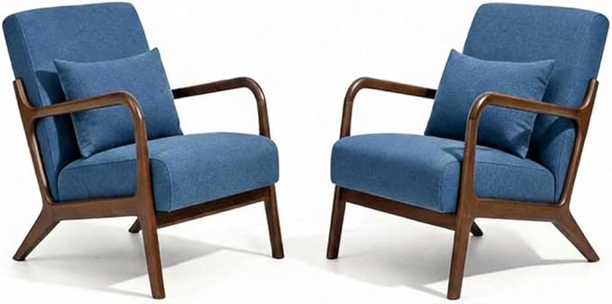 Set of 2 Mid Century Modern Accent Chair with Wooden Frame & Linen Upholstery, Comfortable Mid Century Lounge Chair with Pillow, Wooden Accent Chair for Living Room, Bedroom or Reading Corner
