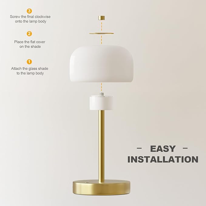 Oneach 9" Cordless Table Lamps Set of 2, Gold Rechargeable Battery Operated Lamp, 3-Way Stepless Dimming Touch Mushroom Lamps, Small Glass Nightlight for Bedroom Dining Table Living Room Shelf Decor