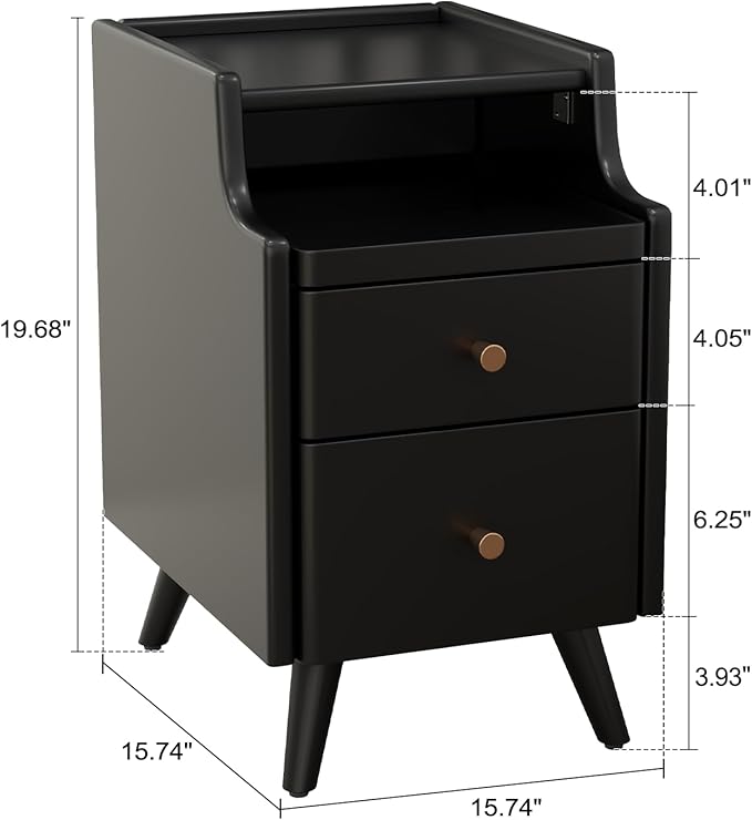 AQIMUELE Wood Nightstand, Black Nightstand with 2 Drawers, Bedside Table for Bedroom