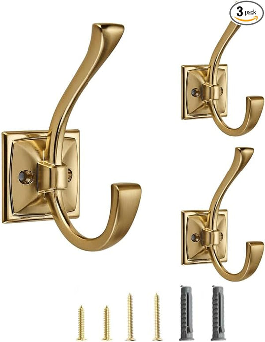3 Pack Decorative Heavy Duty Towel Hooks for Hanging Robe Double Brushed Brass Coat Hooks Wall Mounted with Screws for Key, Towel, Bags, Cup, Hat