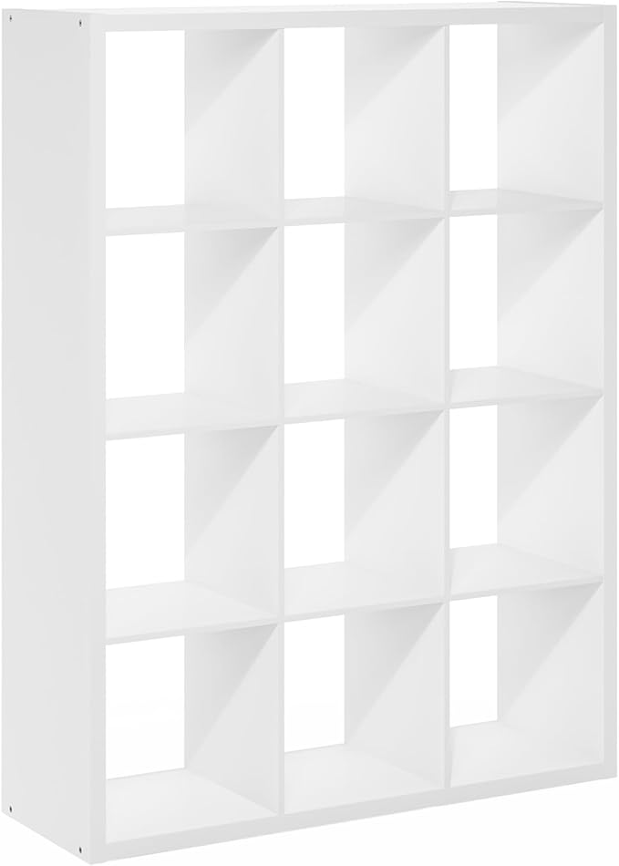 Furinno Cubicle Book Shelf, 12-Cube Bookshelf, Extra Thick Frame Reversible Bookcase with Open Back, 14.6" x 44" x 58", for Living Room, Bedroom, Home Office, White