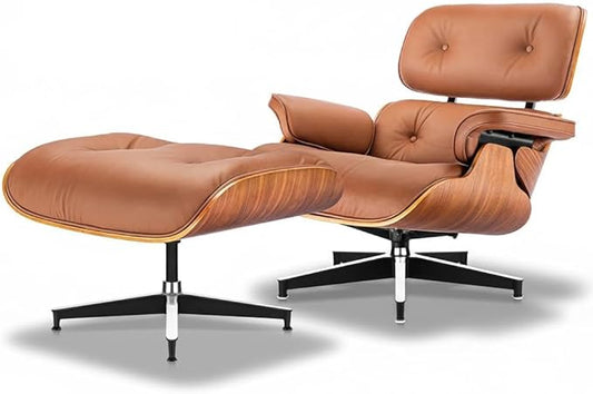 Top Grain Leather, Mid Century Chaise Lounge Chair and Ottoman, Reading Chair, Leather Accent Chair, Modern Chair, Classic Design, Heavy Duty Base Support for Living Room Lounge Office, Walnut-Brown