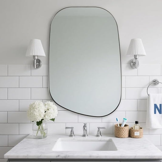 ANDY STAR 22"x30" Chrome Bathroom Mirror, Irregular Wall Mirror in Stainless Steel Metal Frame, Modern Polished Chrome Finish with Curved Edge Design, Wall-Mount Vertically or Horizontally