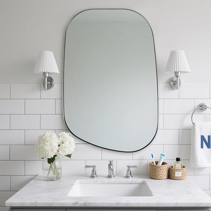ANDY STAR Brushed Nickel Mirror, 22"x30" Silver Asymmetrical Wall Mirror for Bathroom, Unique Irregular Design with SUS304 Stainless Steel Metal Frame, Ideal for Bathroom, Bedroom, Entryway