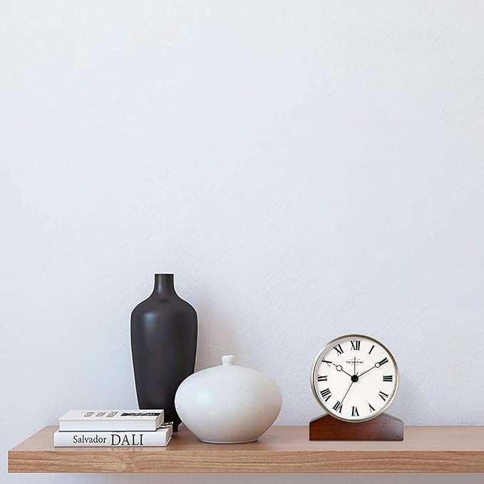 Presentime & Co Mozart Mantel Alarm Clock, Desk and Shelf Clock, Tabletop Decoration, 6 x 5.5 inch, Silent no Ticking, Wooden Base, Walnut Finish, Golden Color, Roman Numeral